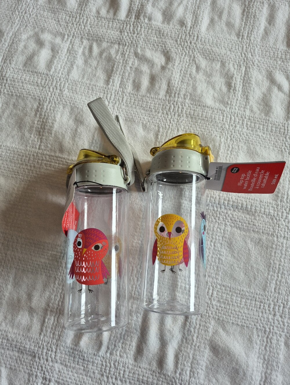 Home Exclusives 2 owl design 500ml flip top water bottle wrist strap NEW